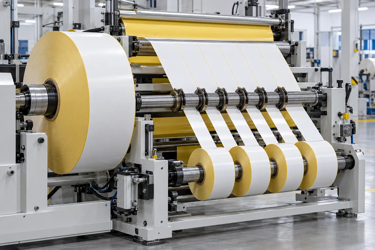 Rollo jumbo de material para etiquetas cortándose en rollos angostos