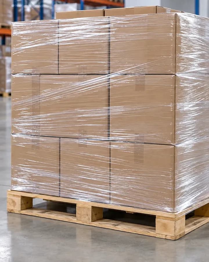 Pallet wrapped in clear stretch film, with rolls of hand film