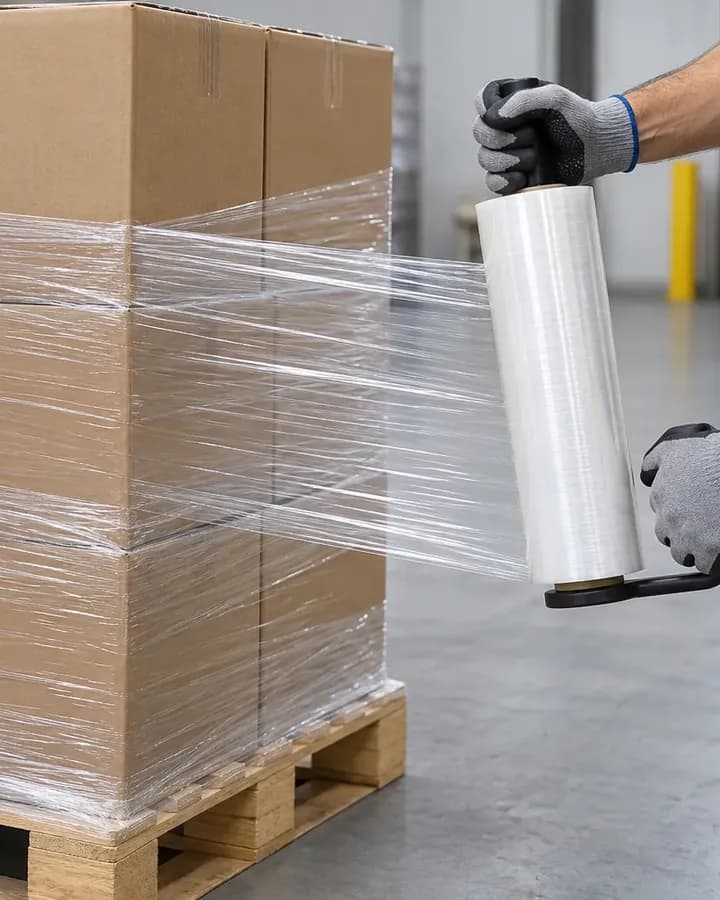 Pre-stretch film being applied to a pallet by hand