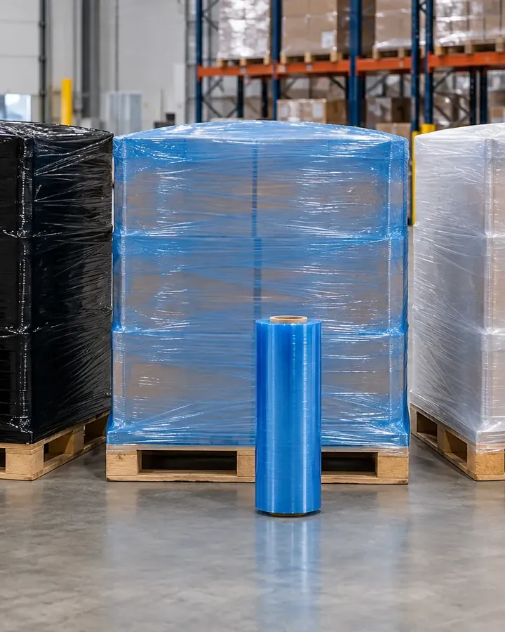 Pallets wrapped in black, blue and clear stretch film
