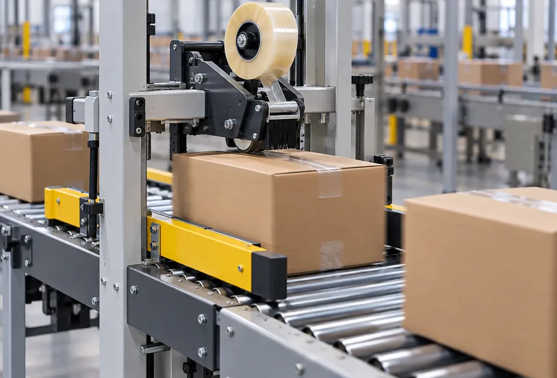 Máquina selladora de cajas aplicando cinta transparente