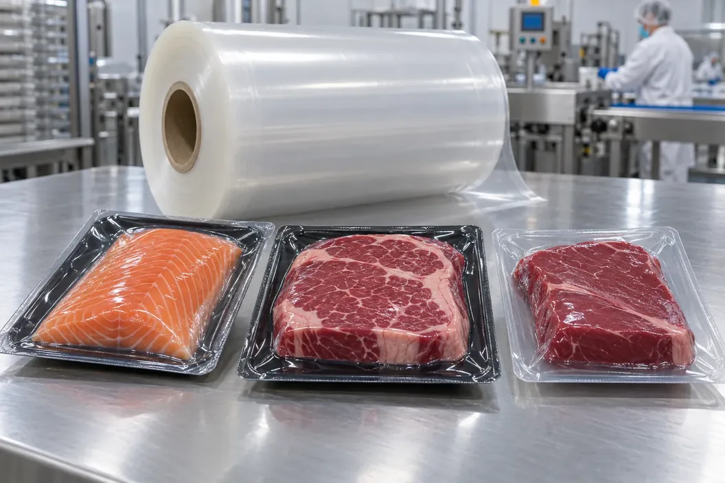 Roll of barrier film beside vacuum-packed salmon and beef