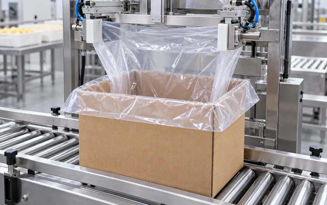 Máquina insertando una bolsa en una caja sobre un transportador