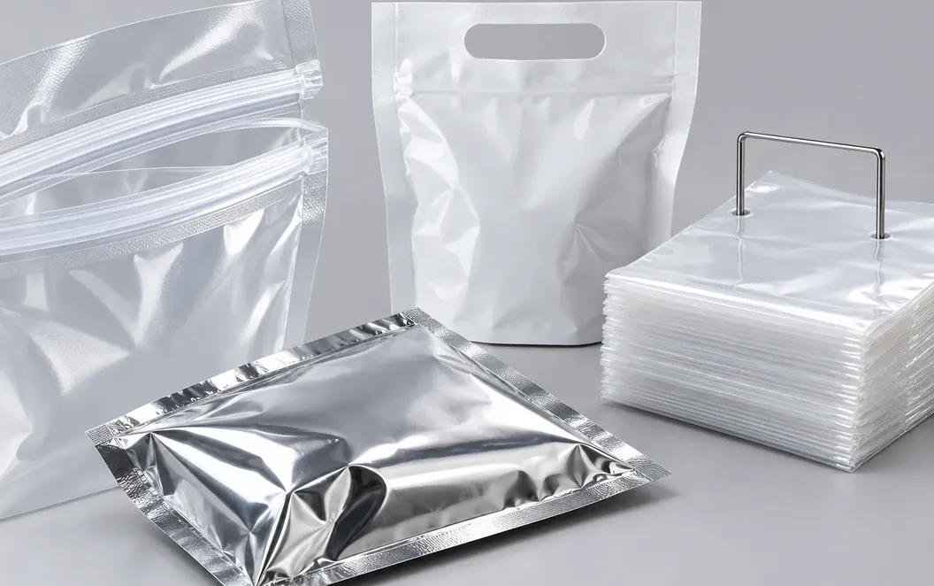 Bolsas transparentes, blancas y metalizadas con cierre, asas y wicket