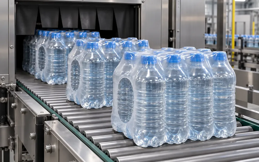 Paquetes de botellas de agua agrupados con película termoencogible en un transportador