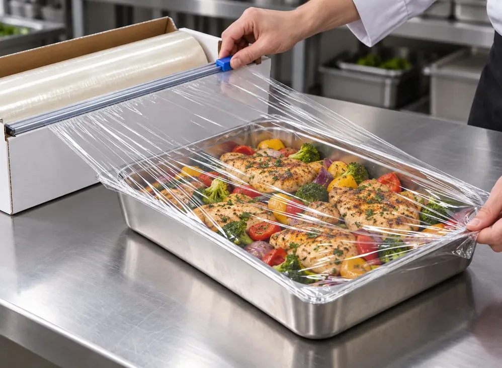 Foodservice film pulled over a tray of prepared food
