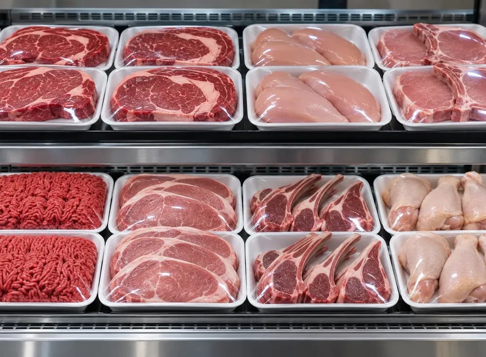 Wrapped meat trays in a supermarket case