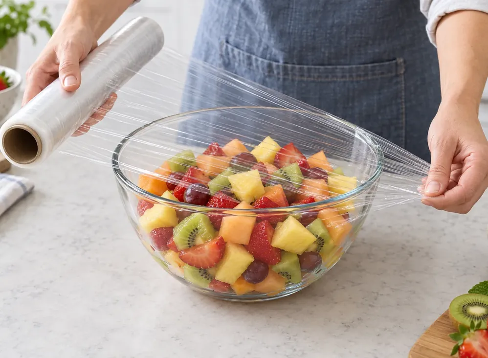 PE cling film being pulled over a bowl of fruit